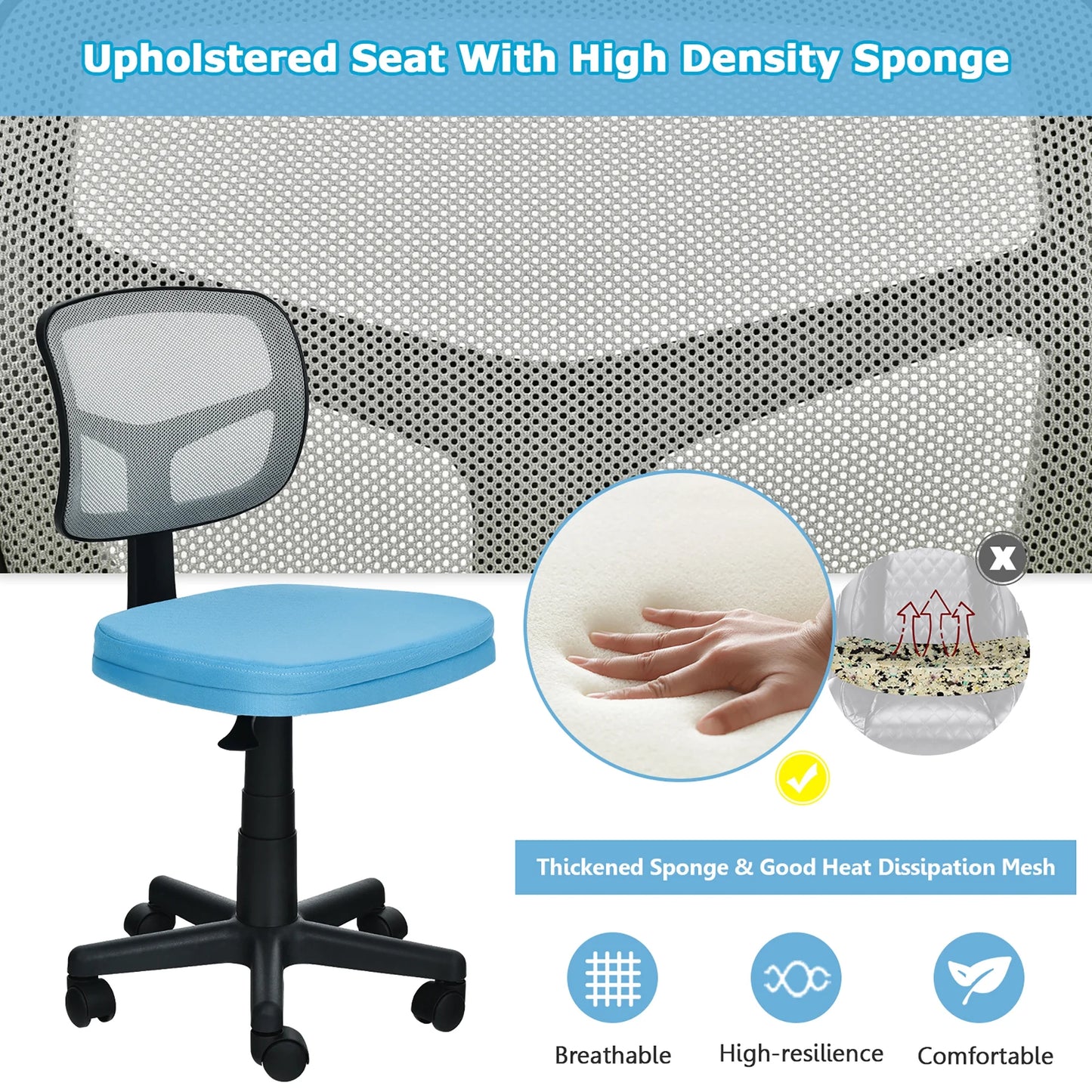 Armless Office Chair Adjustable Swivel Computer Mesh Desk Chair Blue