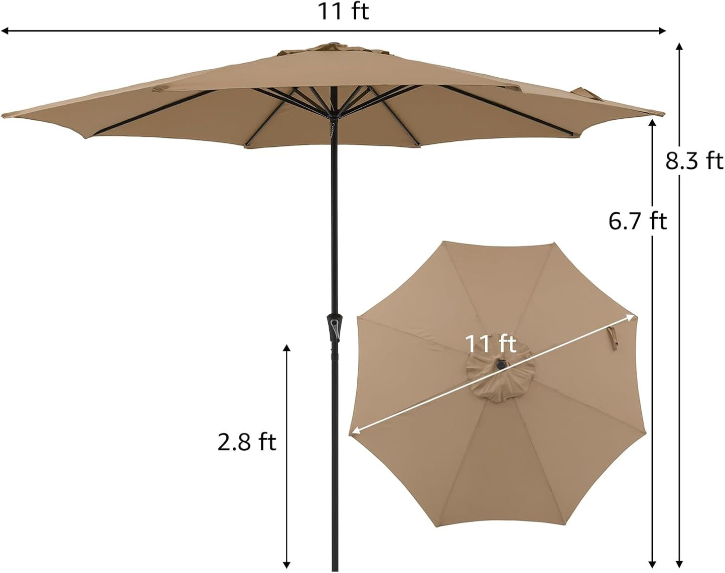11' Patio Umbrella, Outdoor Table Market Large Umbrella with 8 Steel Ribs and Crank, Beige