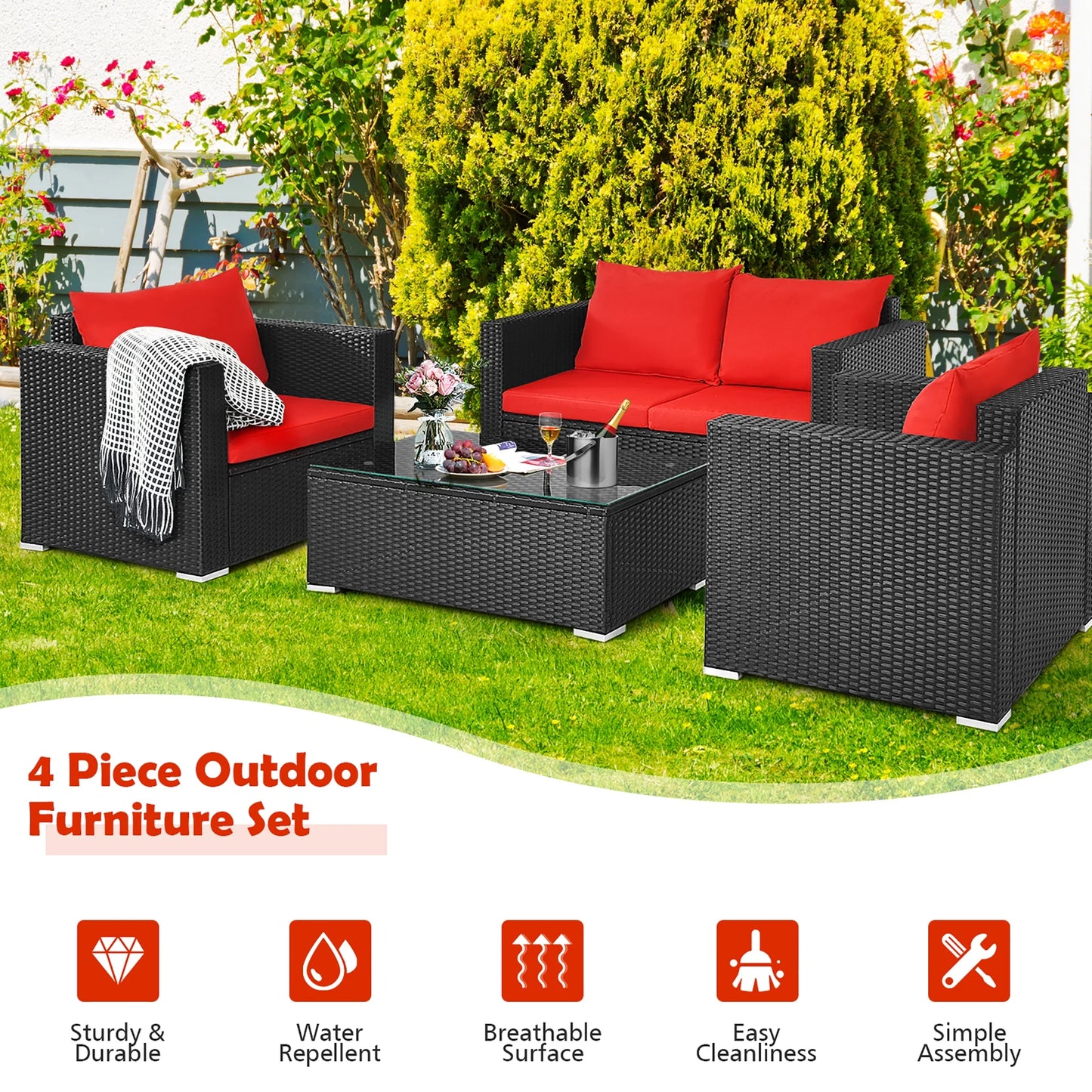 4PCS Patio Rattan Furniture Set Cushioned Sofa Chair Coffee Table Garden Red