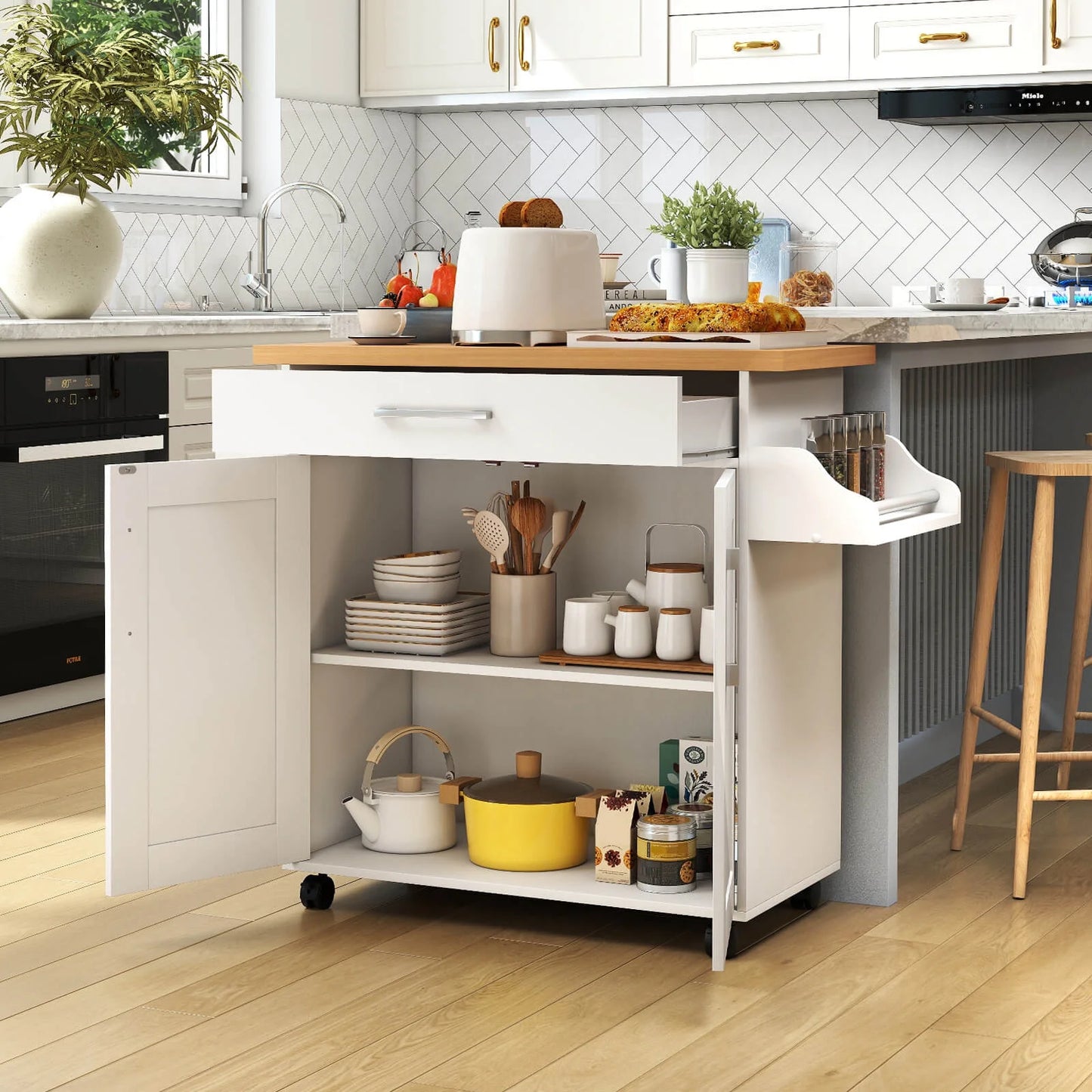 Rolling Kitchen Island Cart Storage Cabinet W/ Towel & Spice Rack White