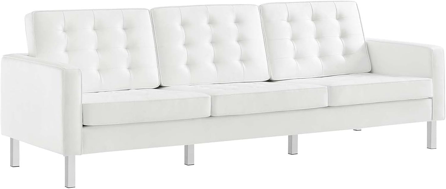 Loft Tufted Button Faux Leather Upholstered Loveseat in Silver Black