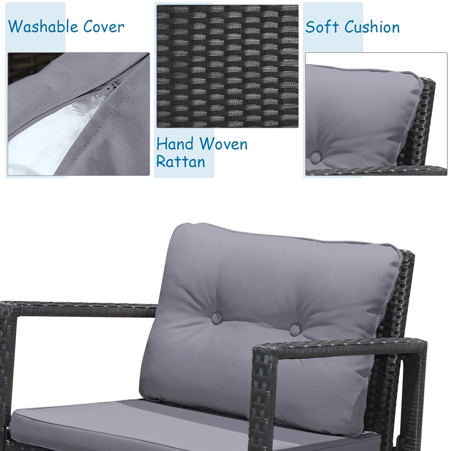 3PCS Patio Rattan Furniture Set Rocking Chairs Cushioned Sofa Gray