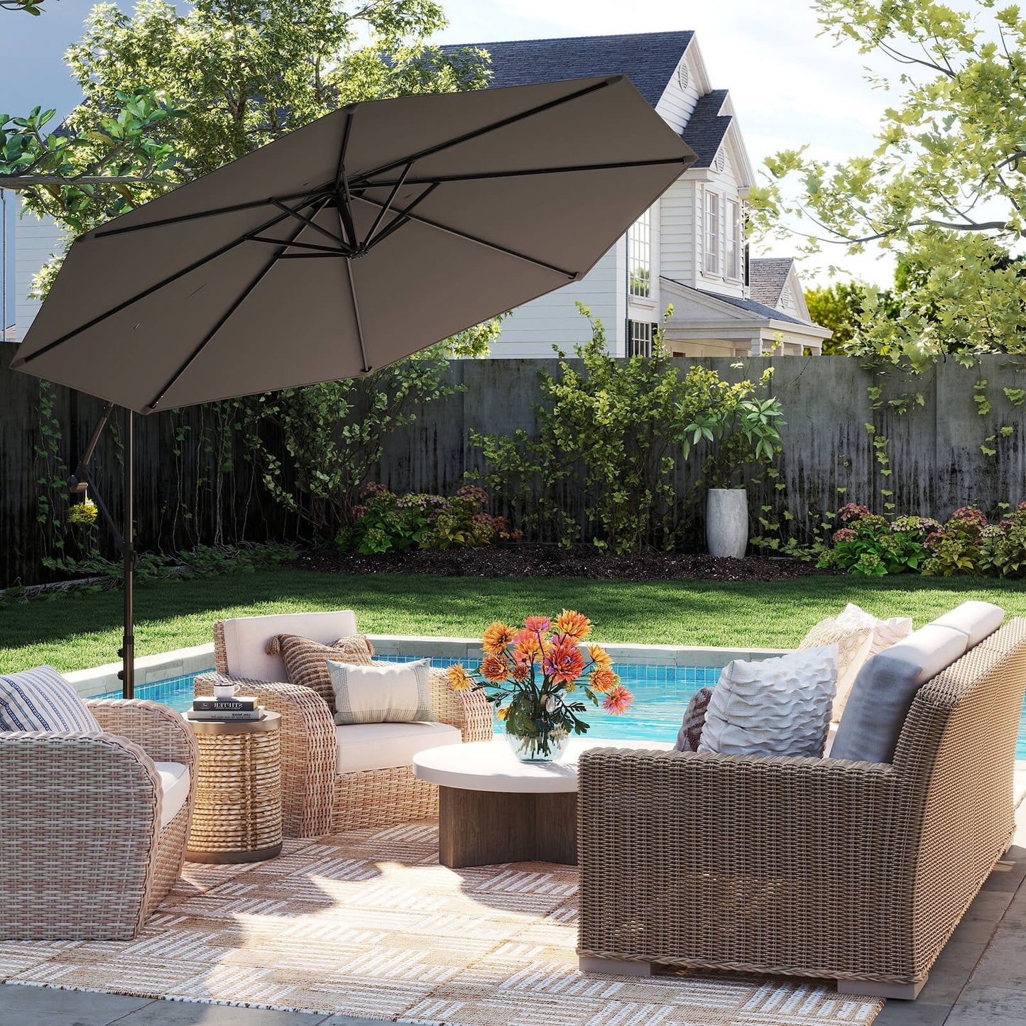 10 FT Patio Offset Umbrella W/8 Ribs Cross Base Tilt Grey