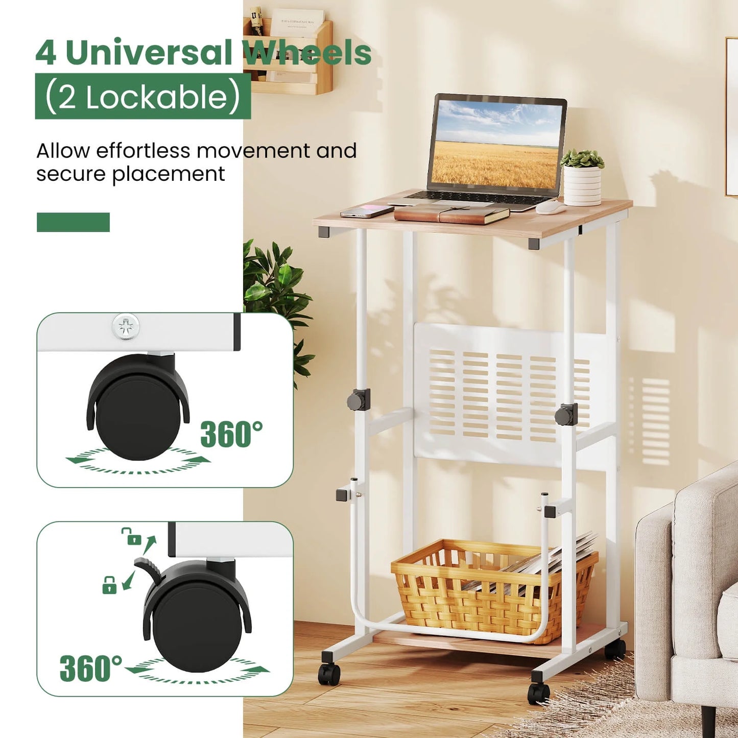 Adjustable Standing Desk with Footrest Mesh Panel Lockable Wheels Sit Home Office