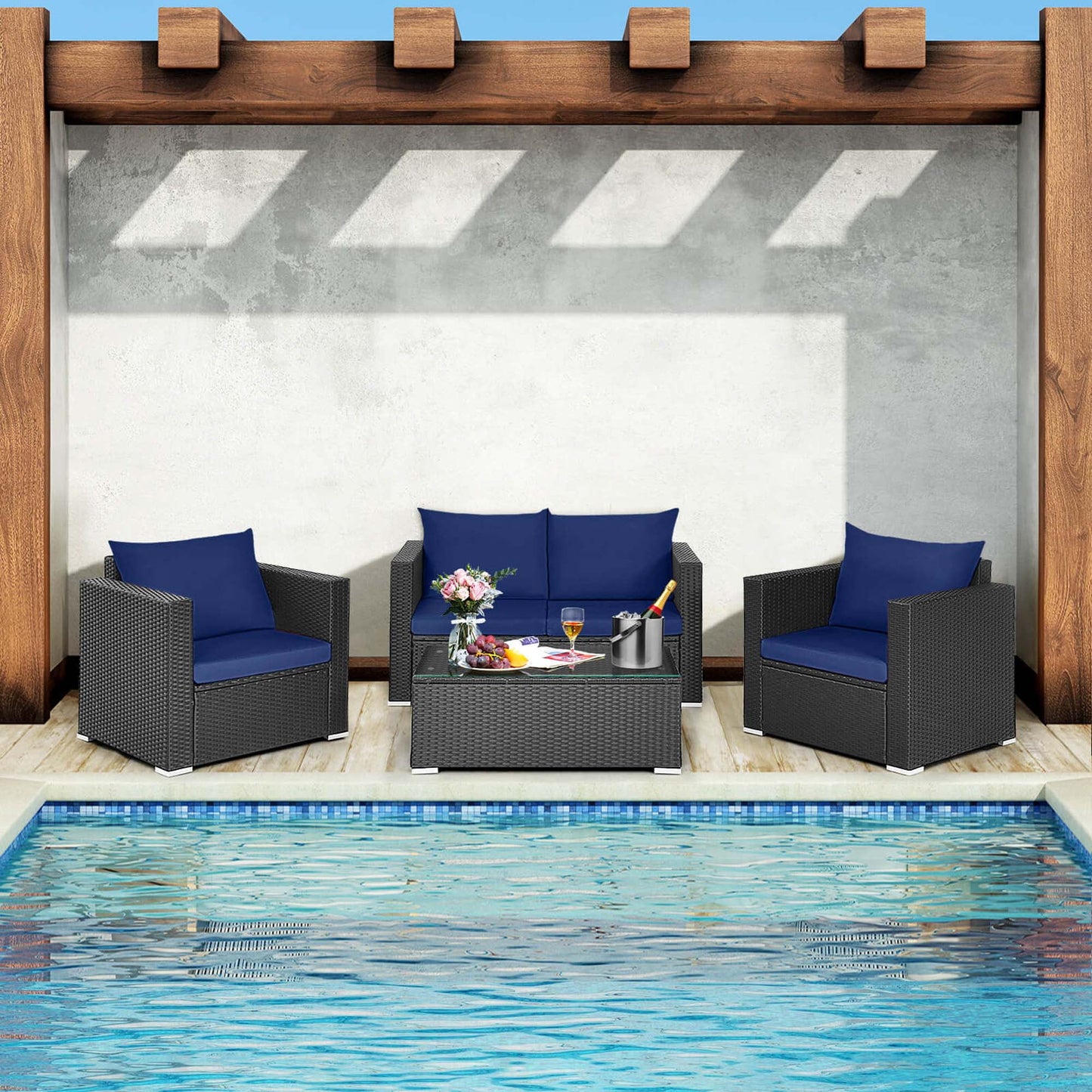 4 PCS Patio Rattan Furniture Set Cushioned Sofa Chair Coffee Table Blue