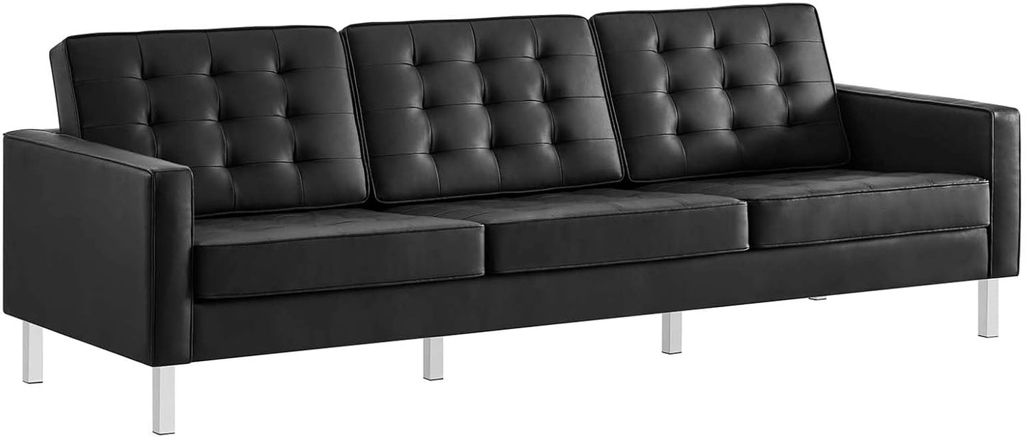 Loft Tufted Button Faux Leather Upholstered Loveseat in Silver Black