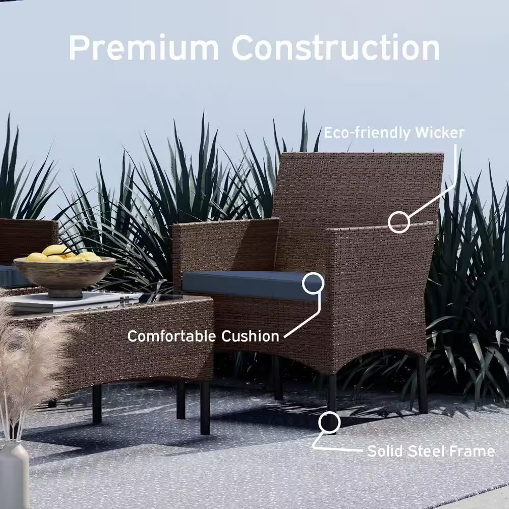 4-Piece Brown Patio Outdoor Furniture Wicker Conversation Set with Blue Cushions, 1-Loveseat, 2-Chairs and Coffee Table