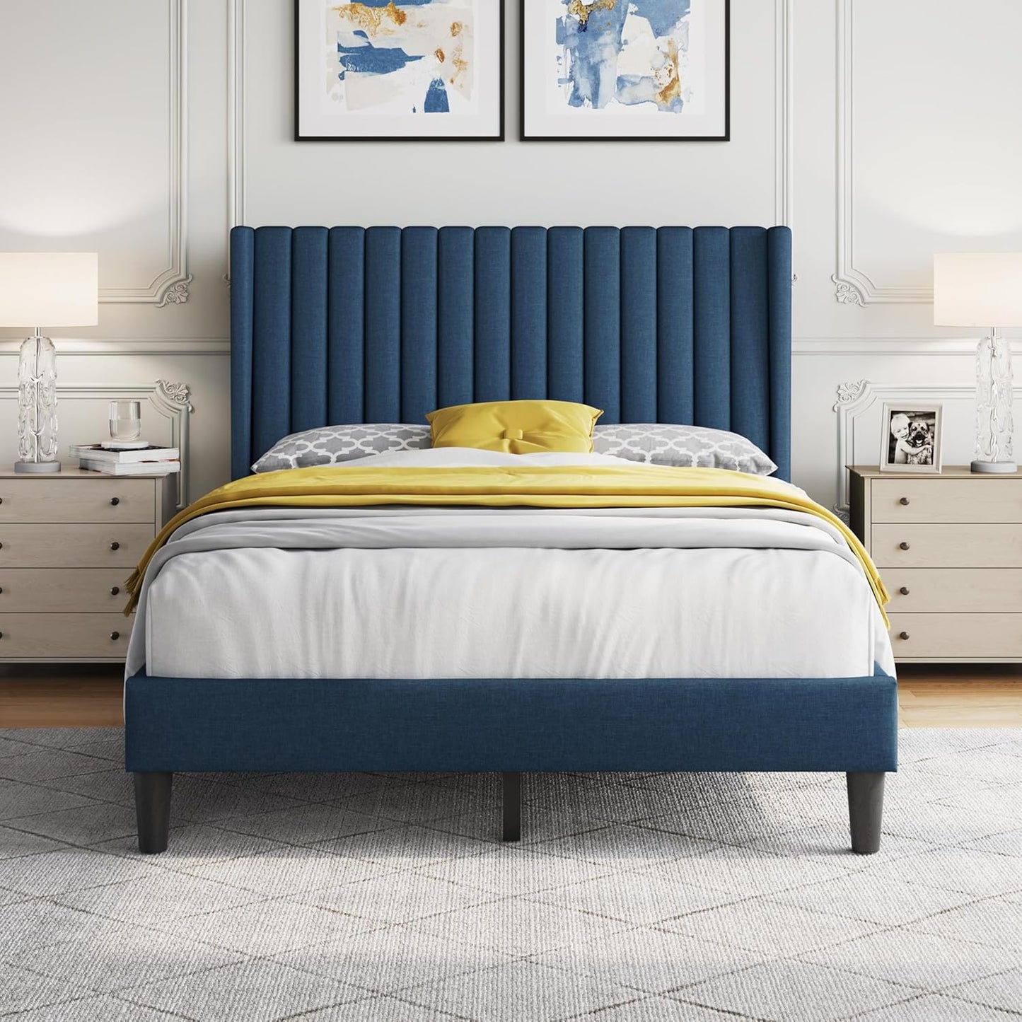 Queen Bed Frame Upholstered Platform Bed with Fabric Headboard, Wing Edge Design/Non-Slip and Noise-Free/Wooden Slats Support/No Box Spring Needed/Easy Assembly, Dark Gray Queen Bed