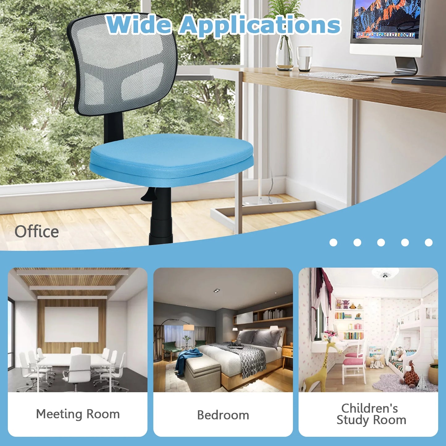 Armless Office Chair Adjustable Swivel Computer Mesh Desk Chair Blue