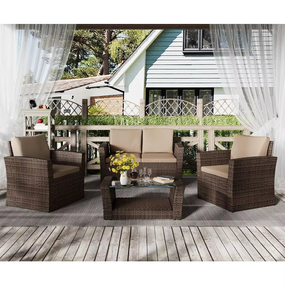 4 Piece Outdoor Patio Conversation Sets, Wicker Patio Furniture with Rattan Glass Table,Cushioned Patio Furniture Set for Garden