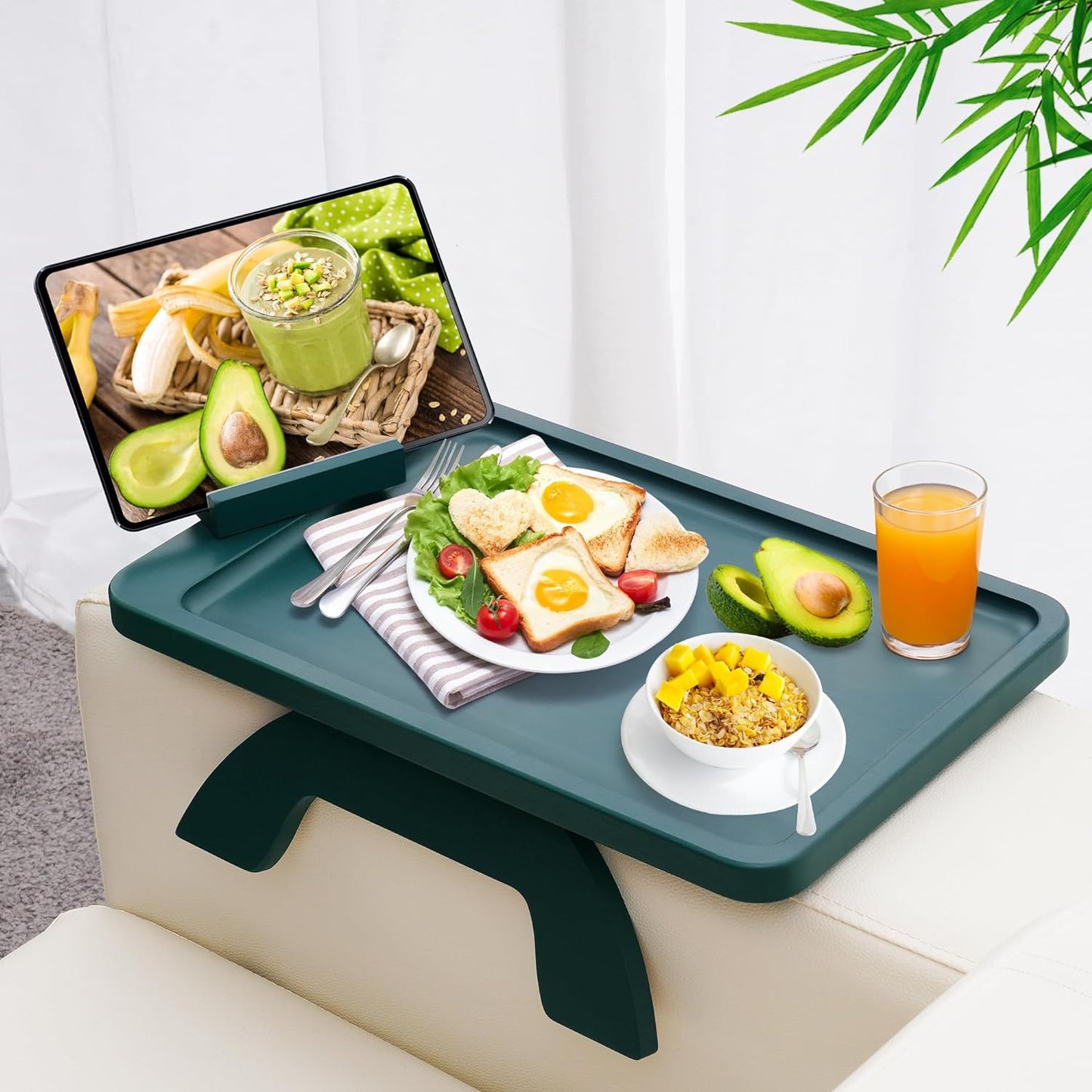 Couch Arm Table, Bamboo Sofa Clip on Tray Tables,Sofa Armrest Tray with 360° Phone Holder,Couch Armrest Table for Eating and Drinking