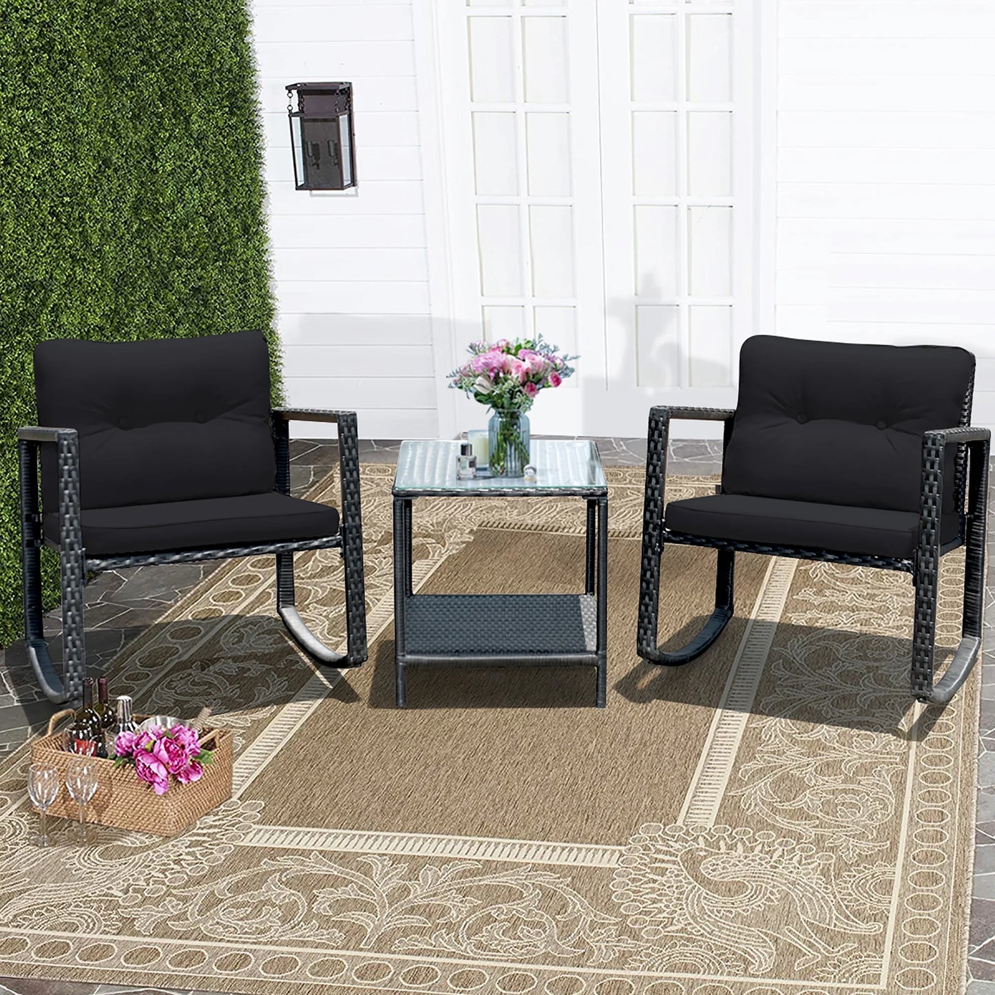3PCS Patio Rattan Furniture Set Rocking Chairs Cushioned Sofa Gray