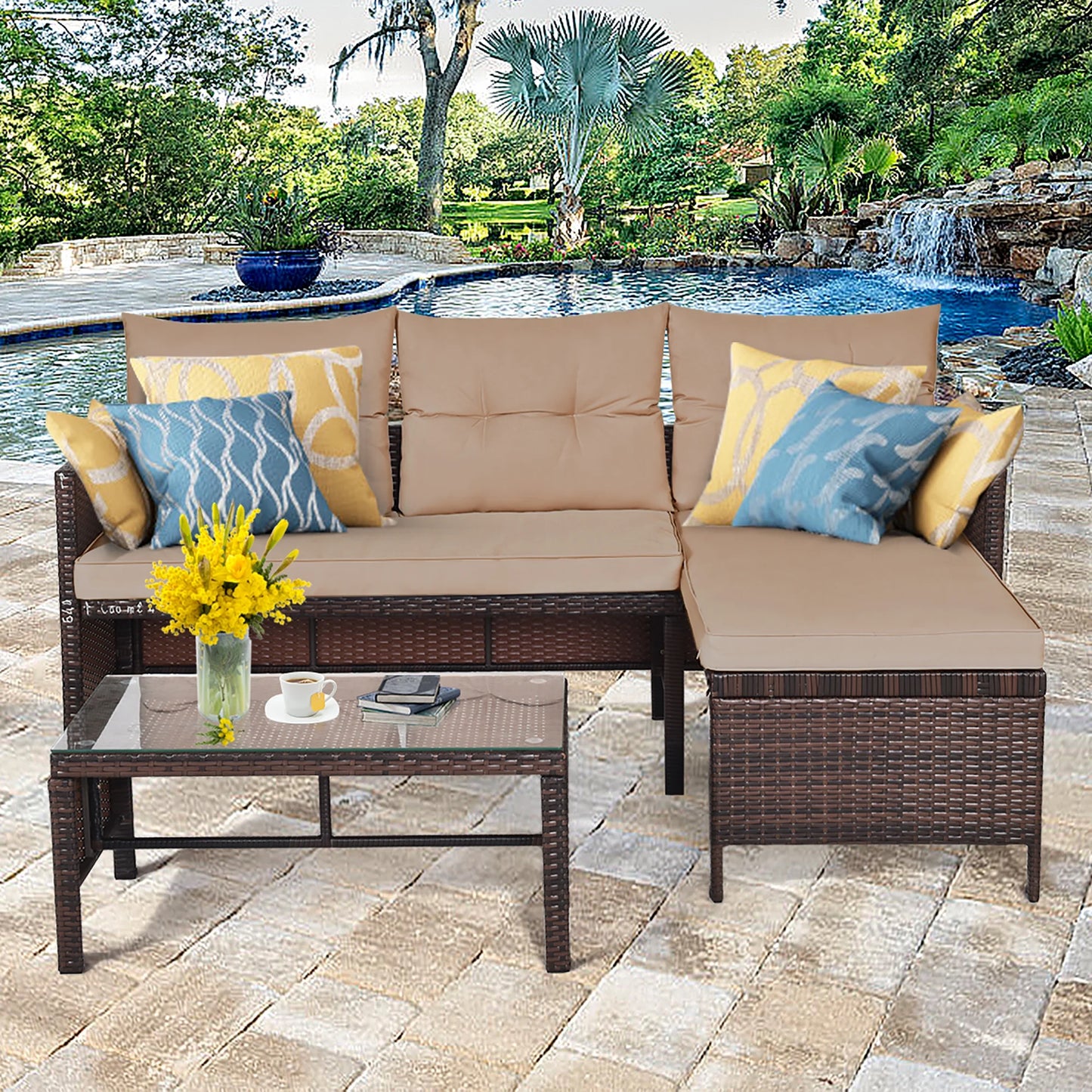 3PC Patio Sofa Set Outdoor Sectional Conversation Set Rattan Wicker