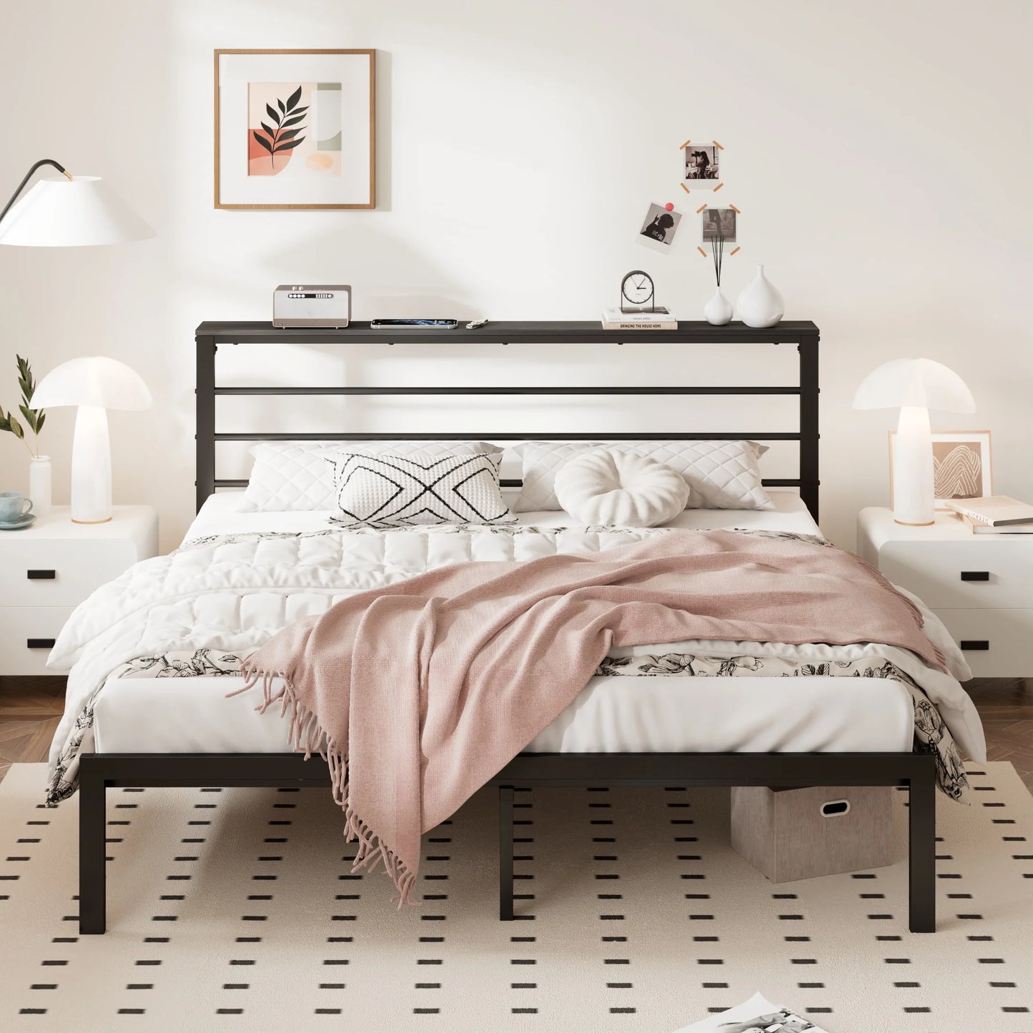 Twin Size Metal Platform Bed Frame with Black Shelf Headboard & Storage, Adult