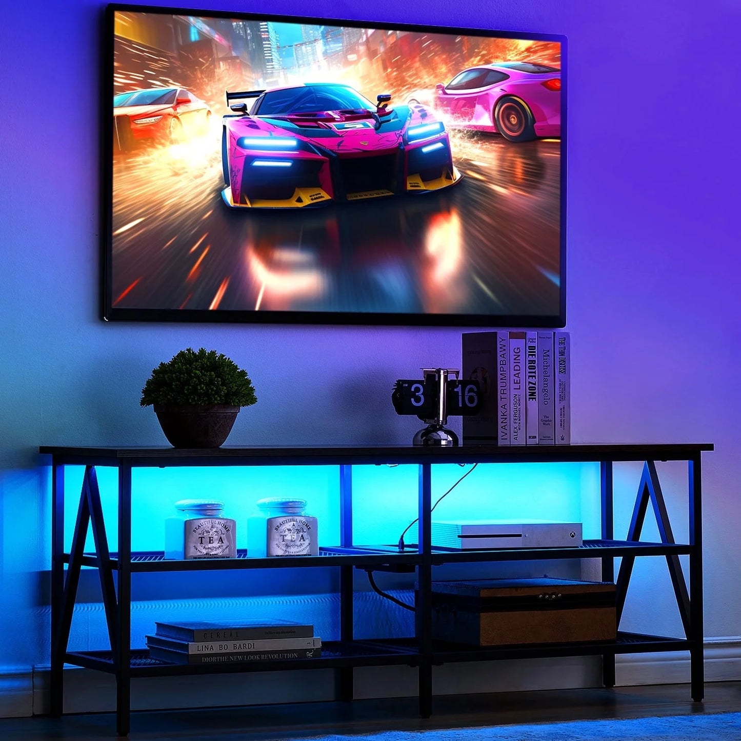 TV Stand for TV up to 65 Inches, TV Console Table with Led Lights & Power Outlets, Black