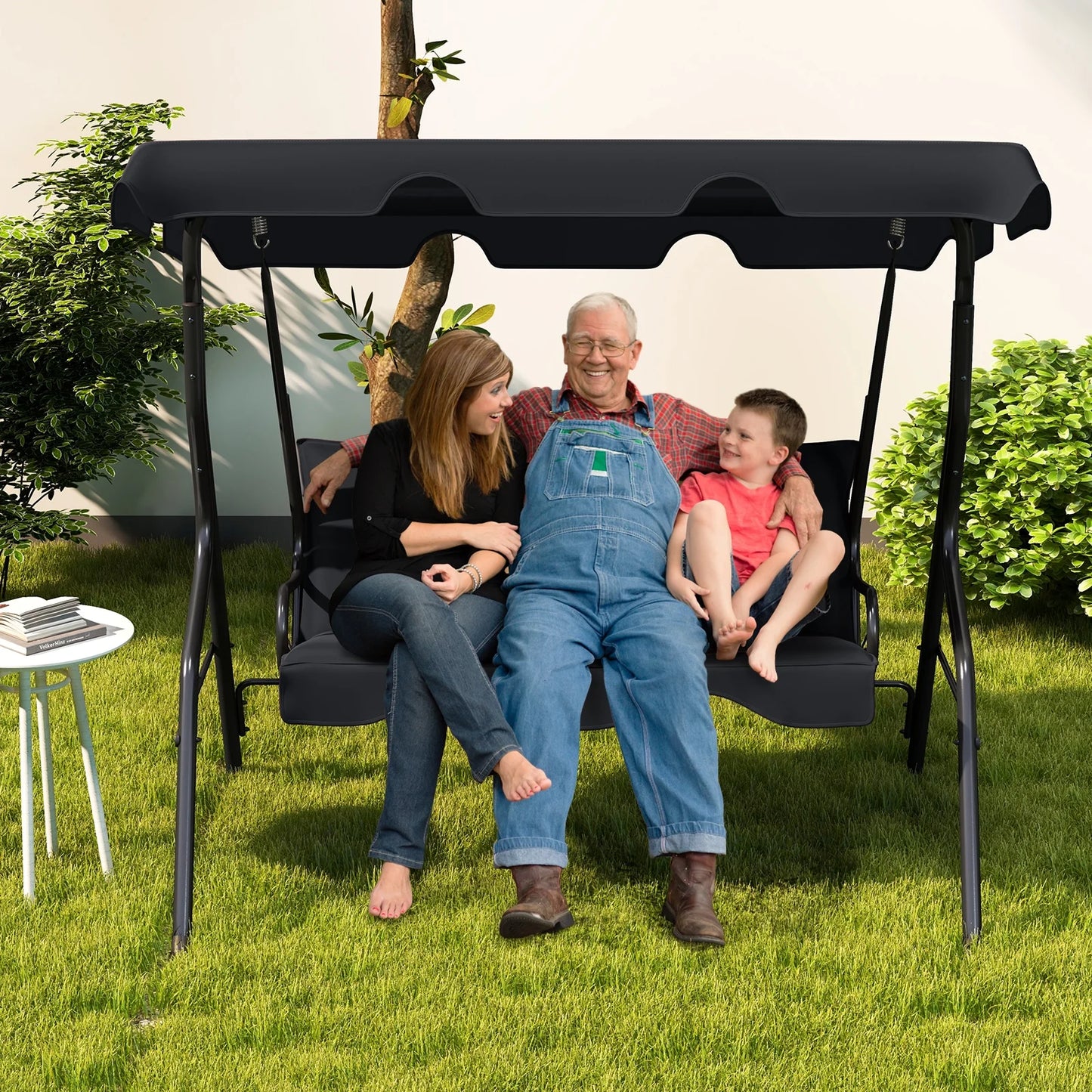 Patio 3 Seats Canopy Porch Swing Glider Hammock Cushioned Steel Frame Outdoor Black