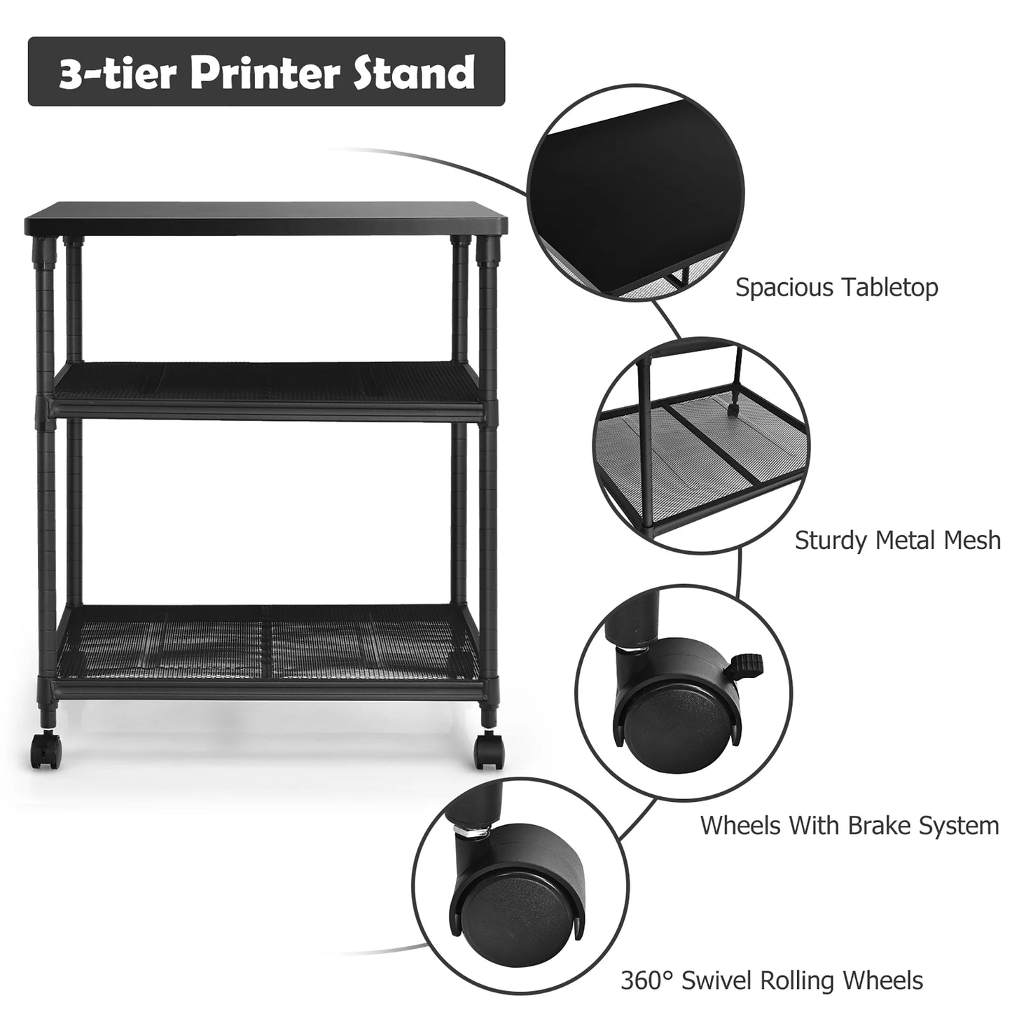 3-Tier Black Rolling Printer Stand 3-Tier Black Rolling Printer Stand, Black