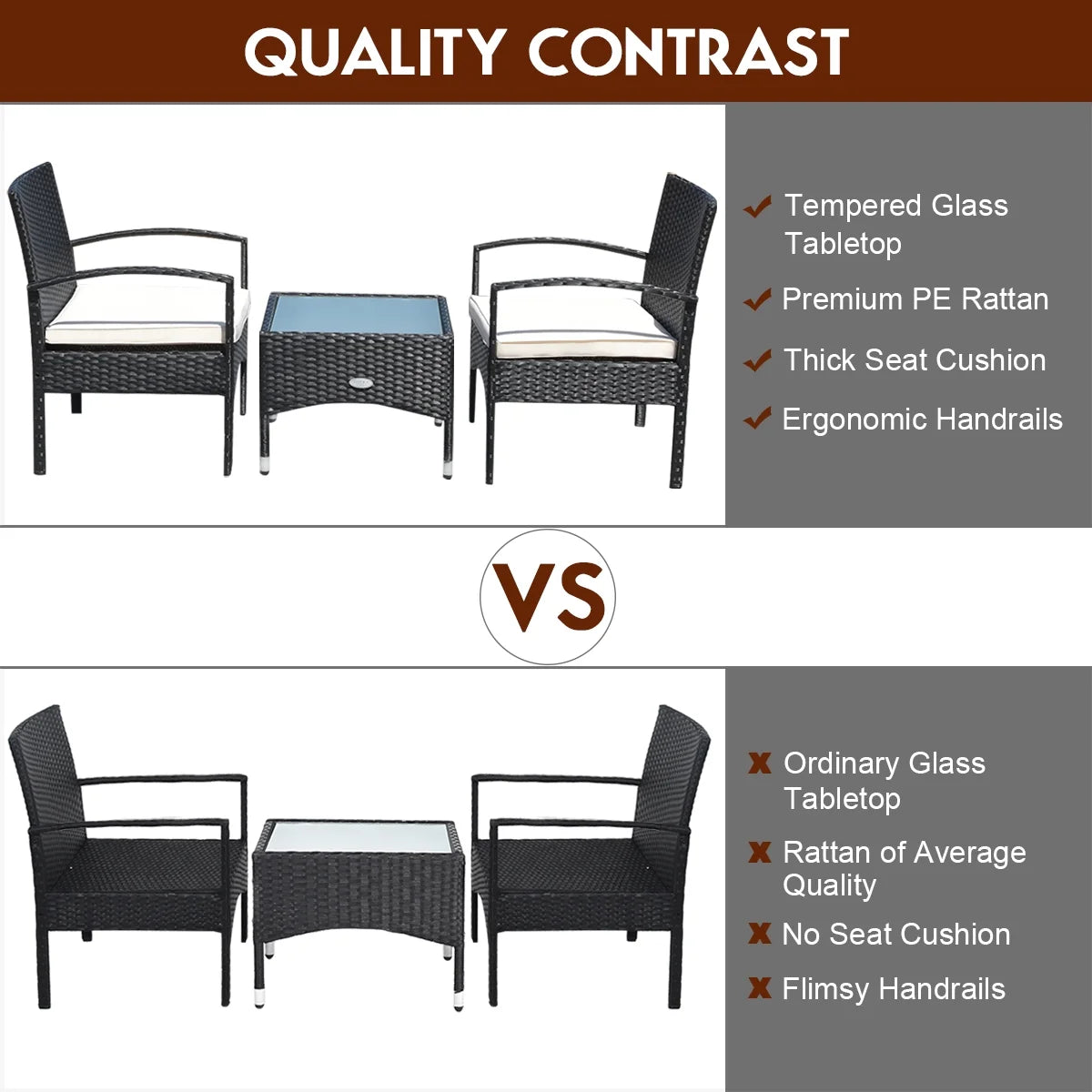 3 PCS Furniture Set Table & 2 Chair Patio Wicker Rattan W/Cushion
