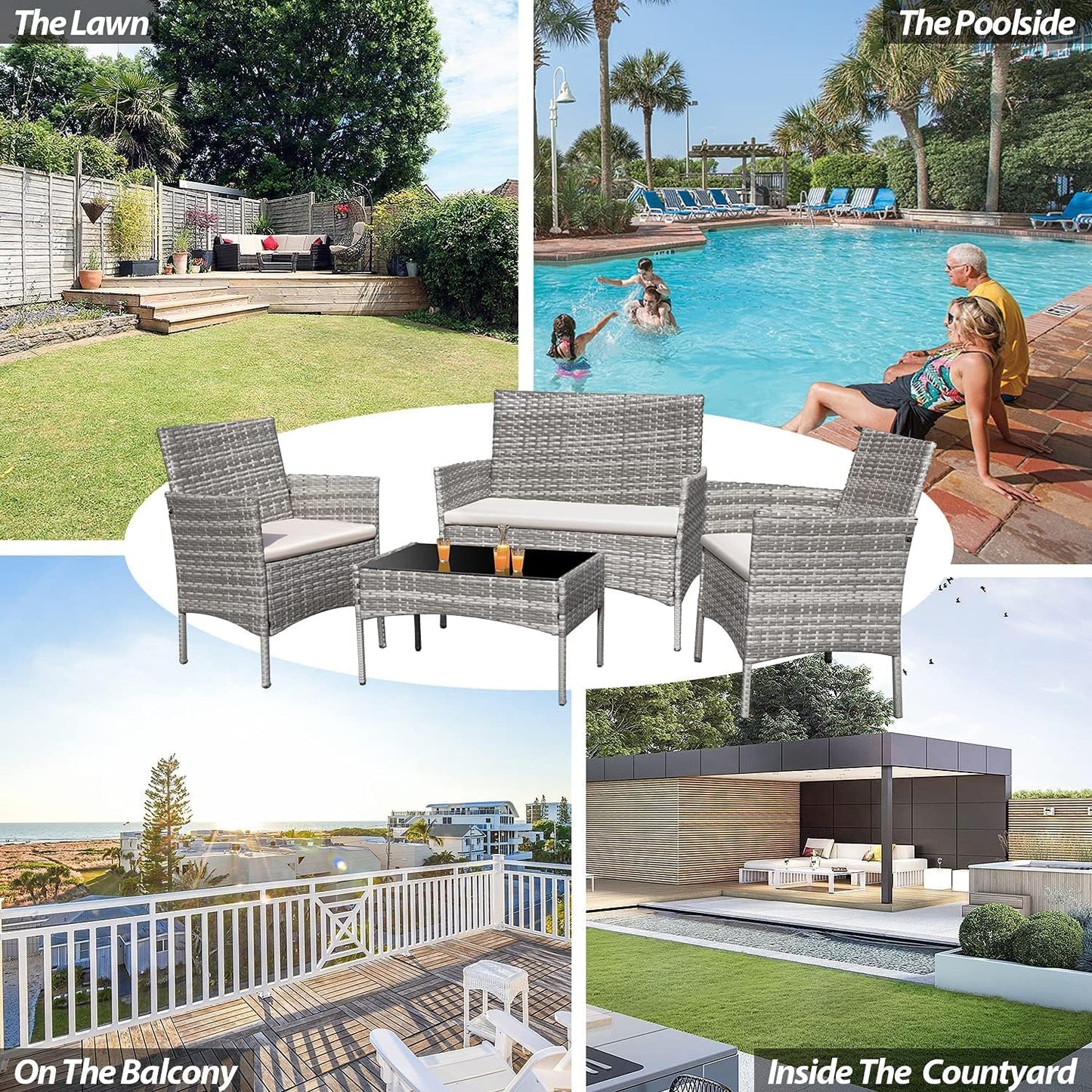 4 Pieces Outdoor Patio Furniture Sets Rattan Chair Wicker Set,Outdoor Indoor Use Backyard Porch Garden Poolside Balcony Furniture (Grey and Beige)