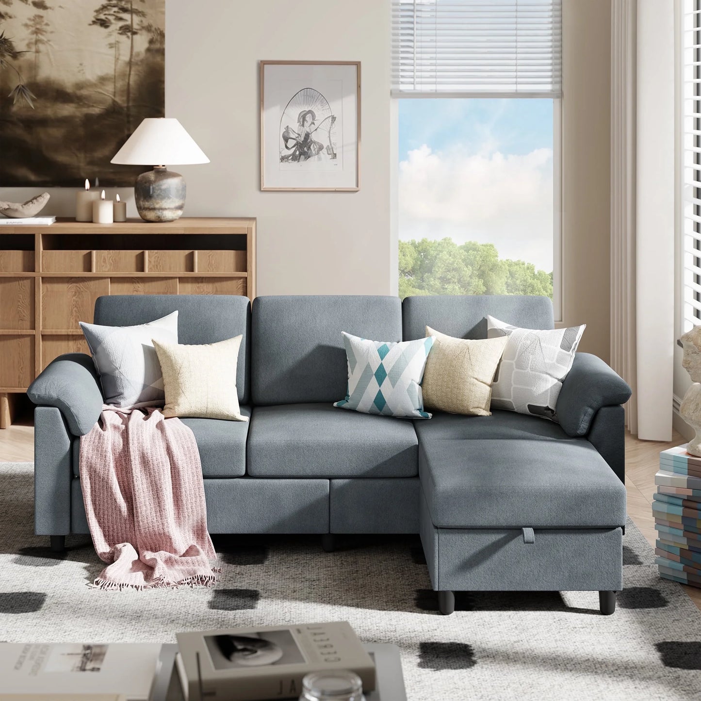 79.1" Sectional Sofa with Movable Storage Ottoman, L-Shaped Convertible Sofa Couch for Small Living Room, Dark Gray