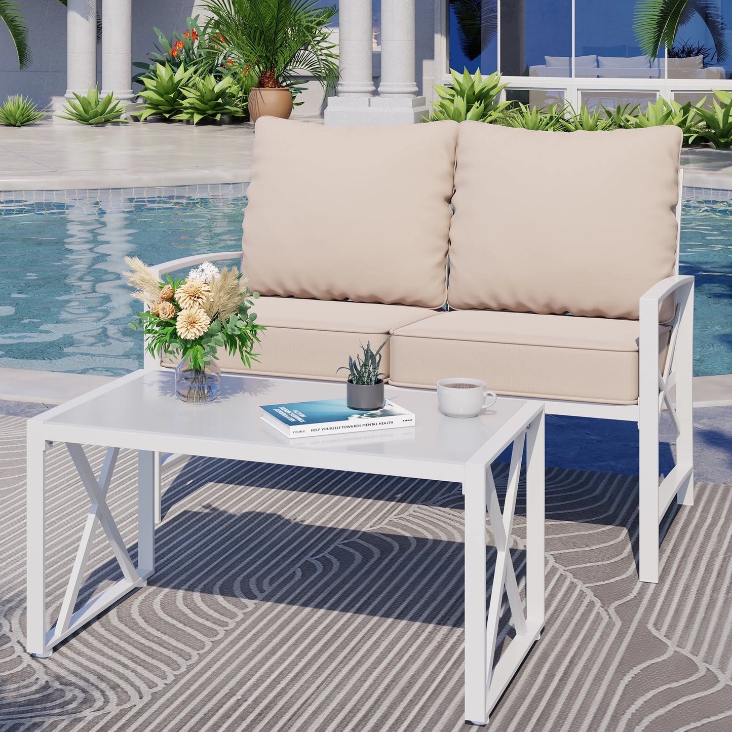 3-Piece Patio Furniture Set, Outdoor Conversation Furniture Set with Matching Side Table, Metal Sofa Chairs Detachable Cushions Khaki