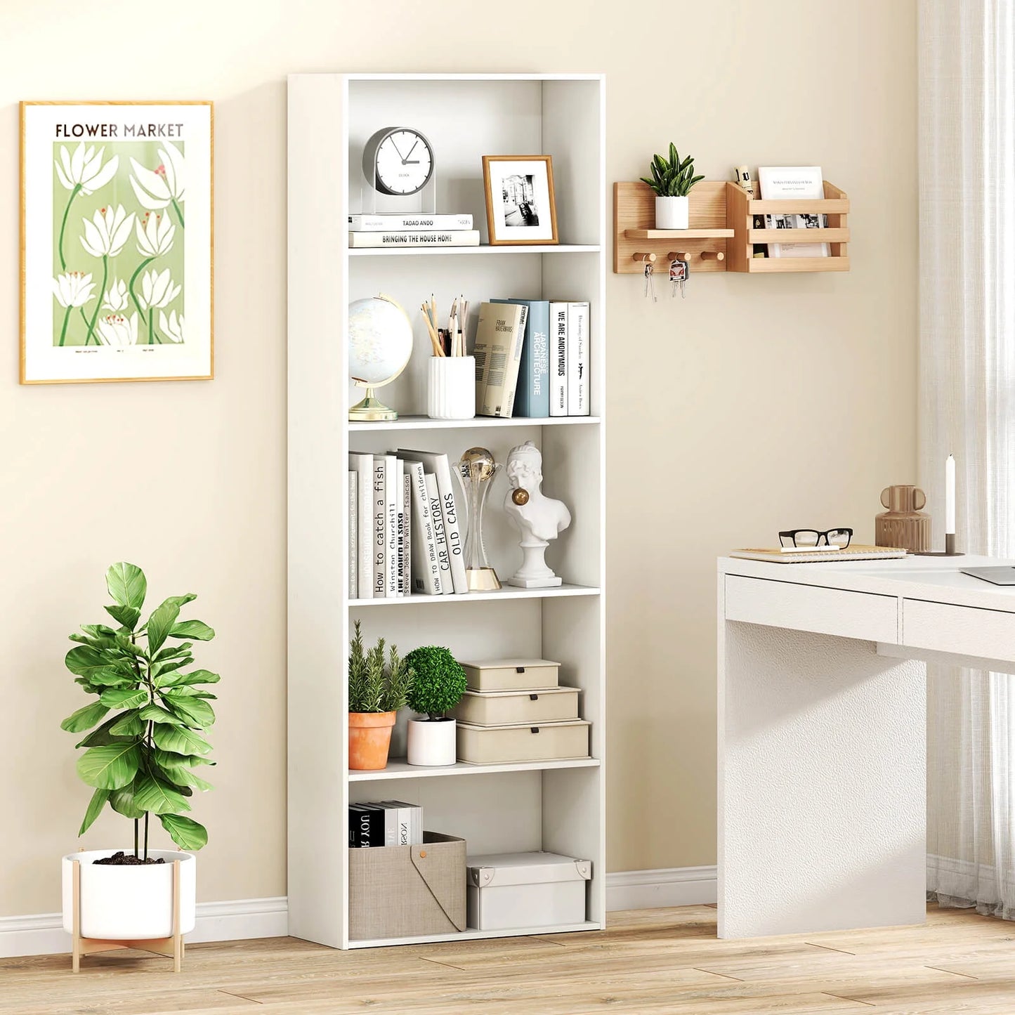 5-Shelf Storage Bookcase Modern Multi-Functional Display Cabinet Furniture White