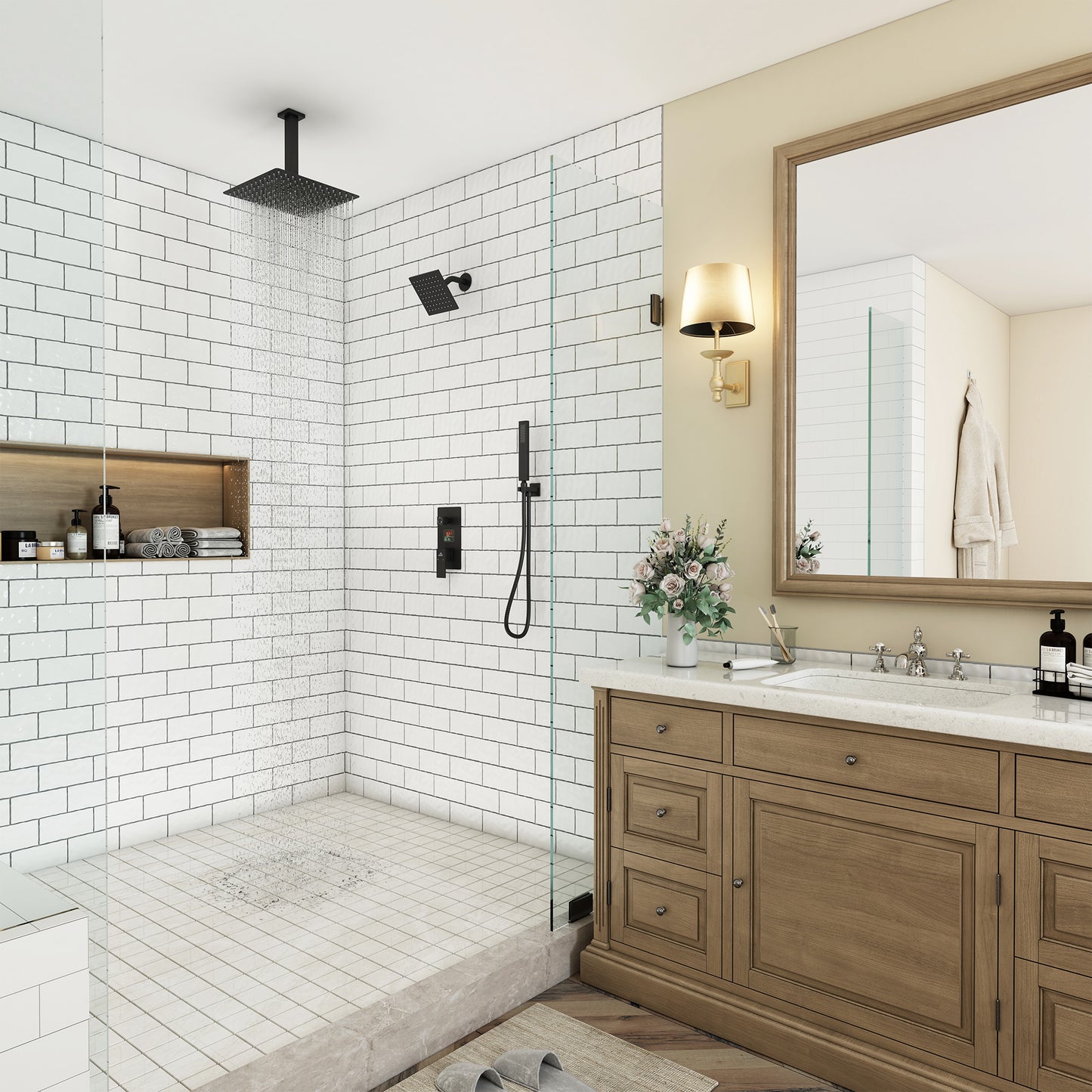 CASAINC 12 Inches Dual Heads Ceiling Mounted Square Shower Head Shower System with Handheld Shower Digital Display Shower