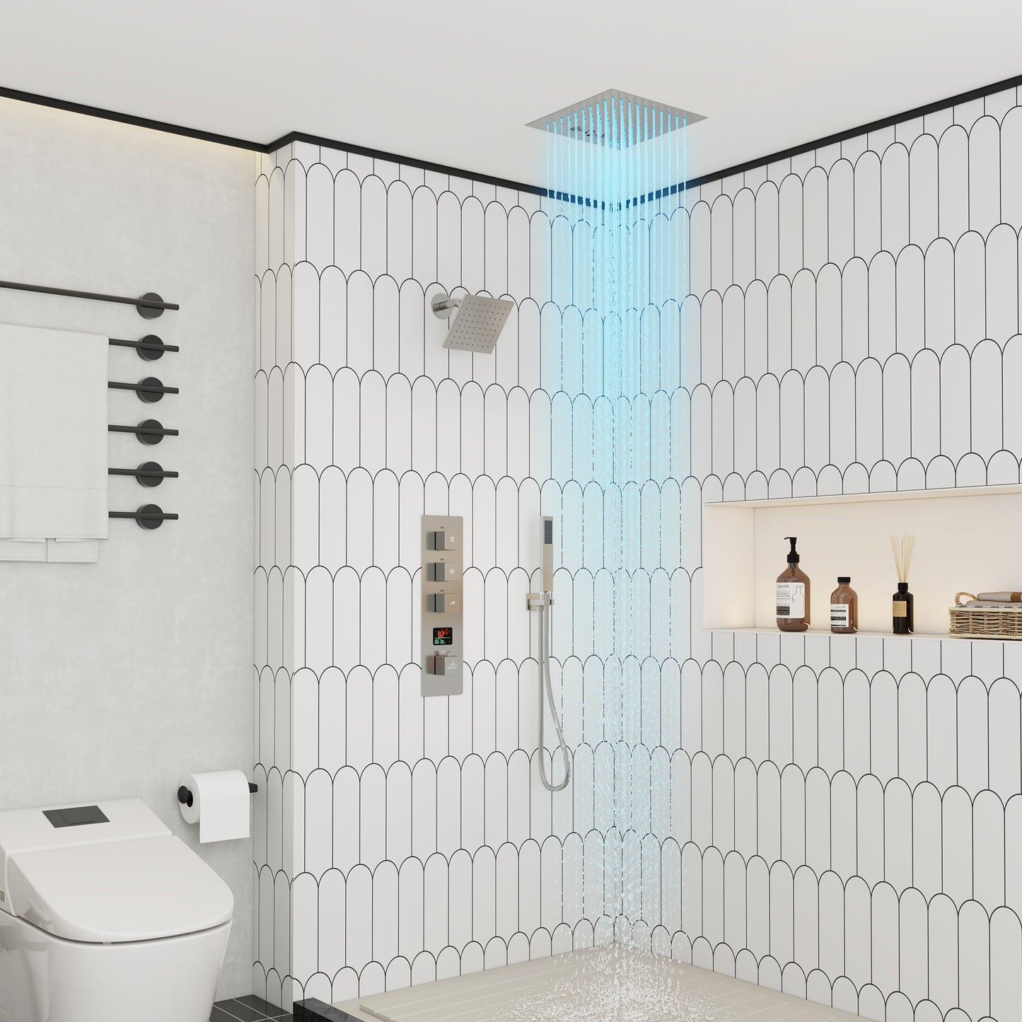 CASAINC 12 Inches Thermostatic Ceiling Mounted Dual Square Shower System with Hanheld Spray & Bluetooth Music