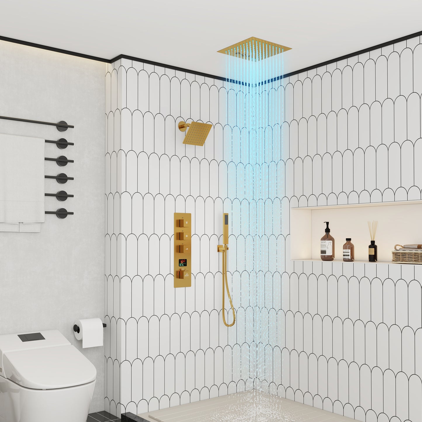 CASAINC 12 Inches Thermostatic Ceiling Mounted Dual Square Shower System with Hanheld Spray & Bluetooth Music