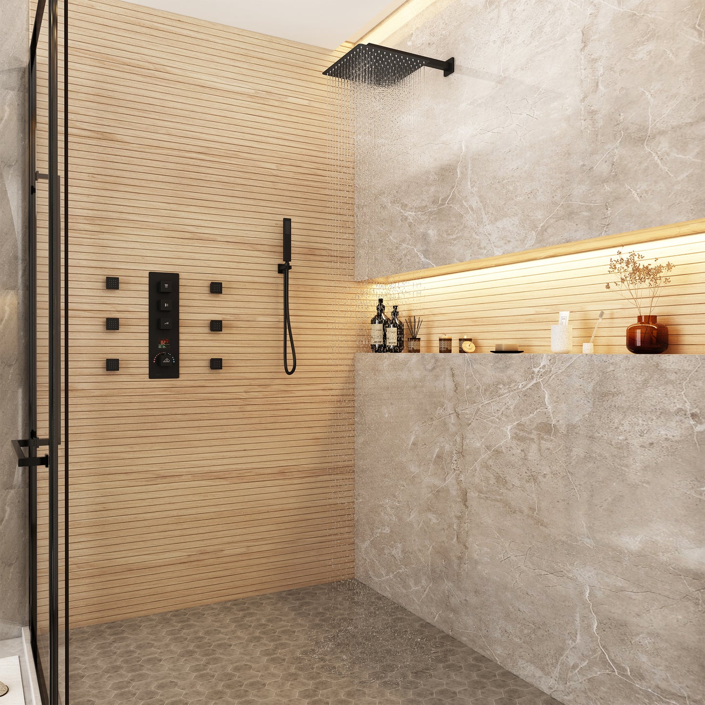 CASAINC 12 Inches Luxury Wall Mounted Square Shower System with 6 Body Jets & Handheld Spray