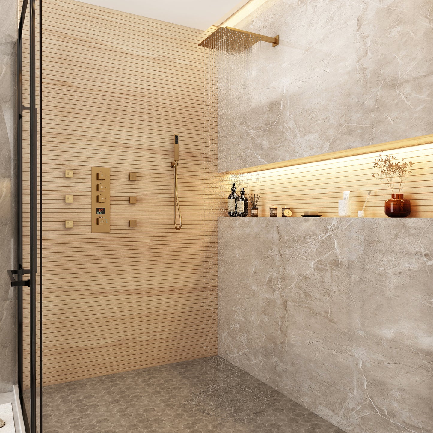 CASAINC 12 Inches Luxury Wall Mounted Square Shower System with 6 Body Jets & Handheld Spray