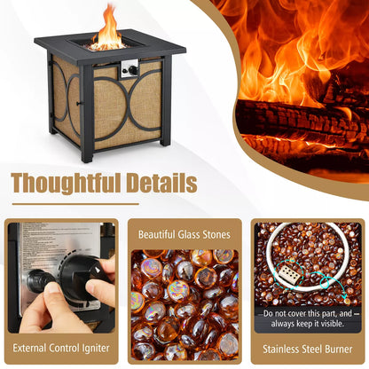 Costway 28 Inch Square Propane Gas Fire Pit Table with Fire Glasses &Rain Cover 50,000 BTU
