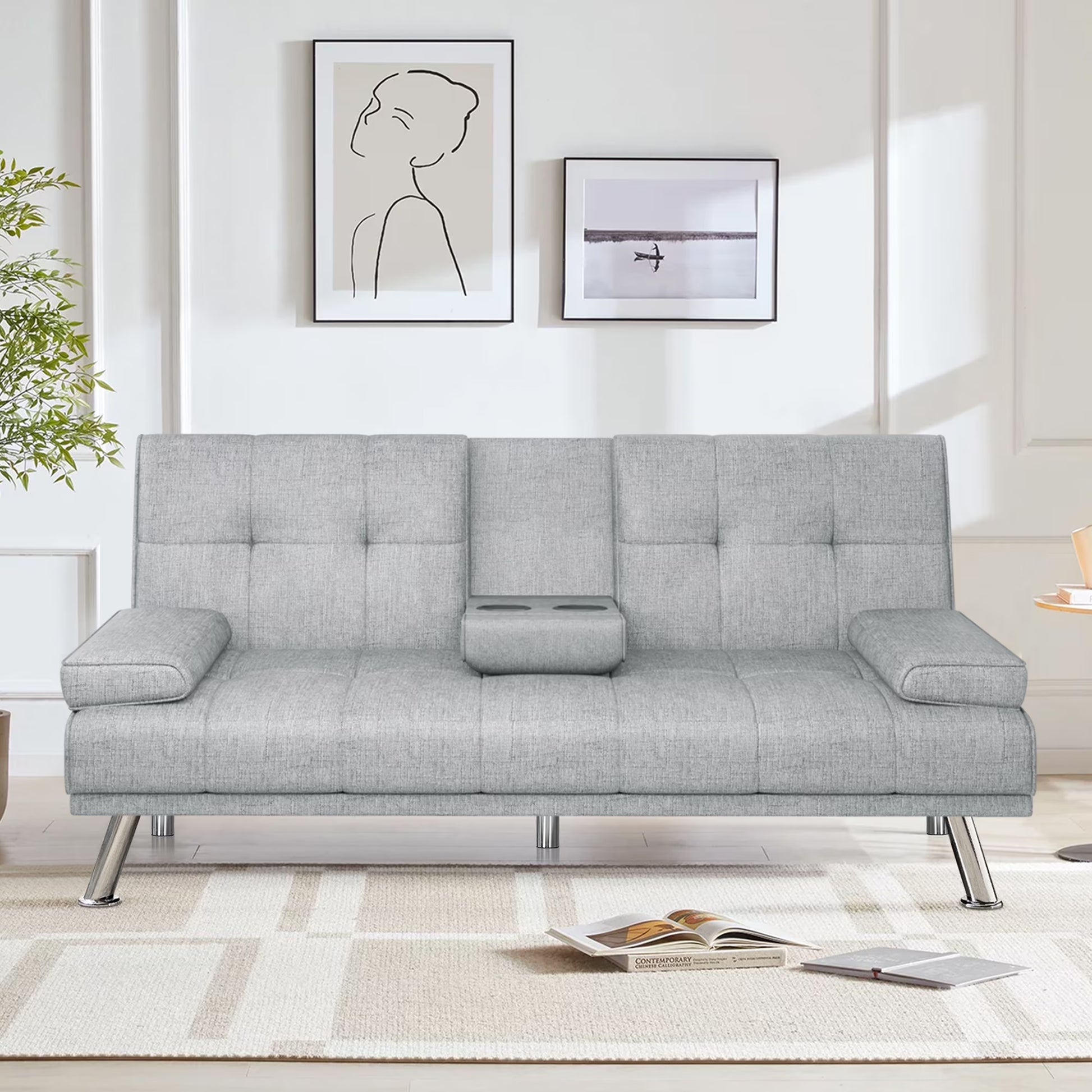 Modern Futon Convertible Sofa Bed with Adjustable Back with Cupholders