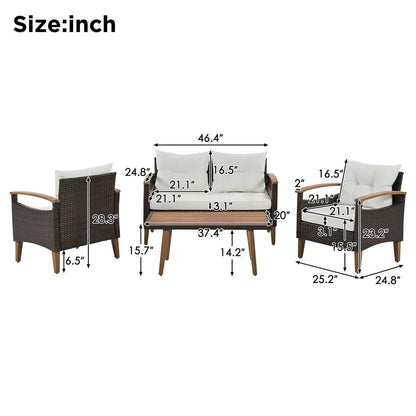 4-Piece Patio Seating Set, Patio Furniture Set, Patio Furniture Set, Wicker Garden Furniture with Wood Table and Legs, PE Rattan Outdoor Sofa Set for Balcony, Beige