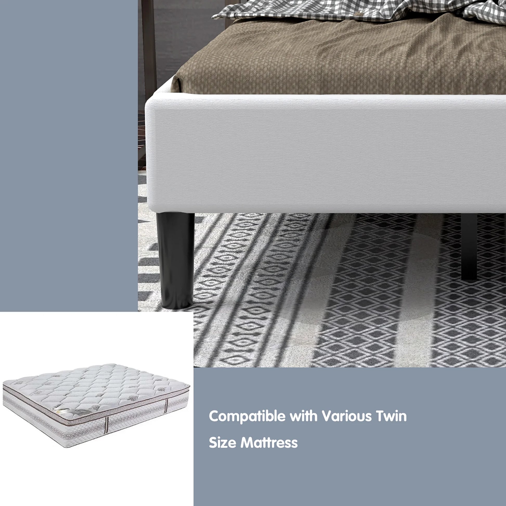 Twin Upholstered Bed Frame Button Tufted Headboard Mattress Foundation Beige
