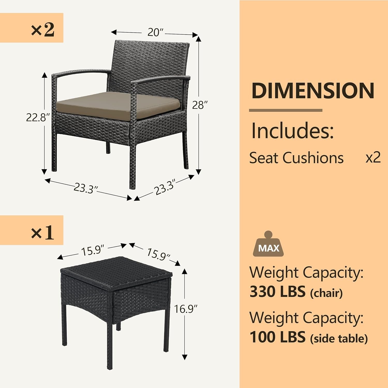 3 PCS Patio Rattan Conversation Chairs Set, Outdoor Patio Furniture Balcony Furniture Set, Wicker Patio Bistro Set for Garden Porch Balcony Yard, Brown