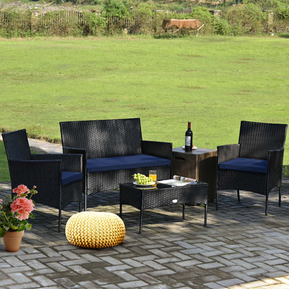 4PCS Patio Rattan Furniture Set Cushioned Sofa Coffee Table Backyard Porch Red