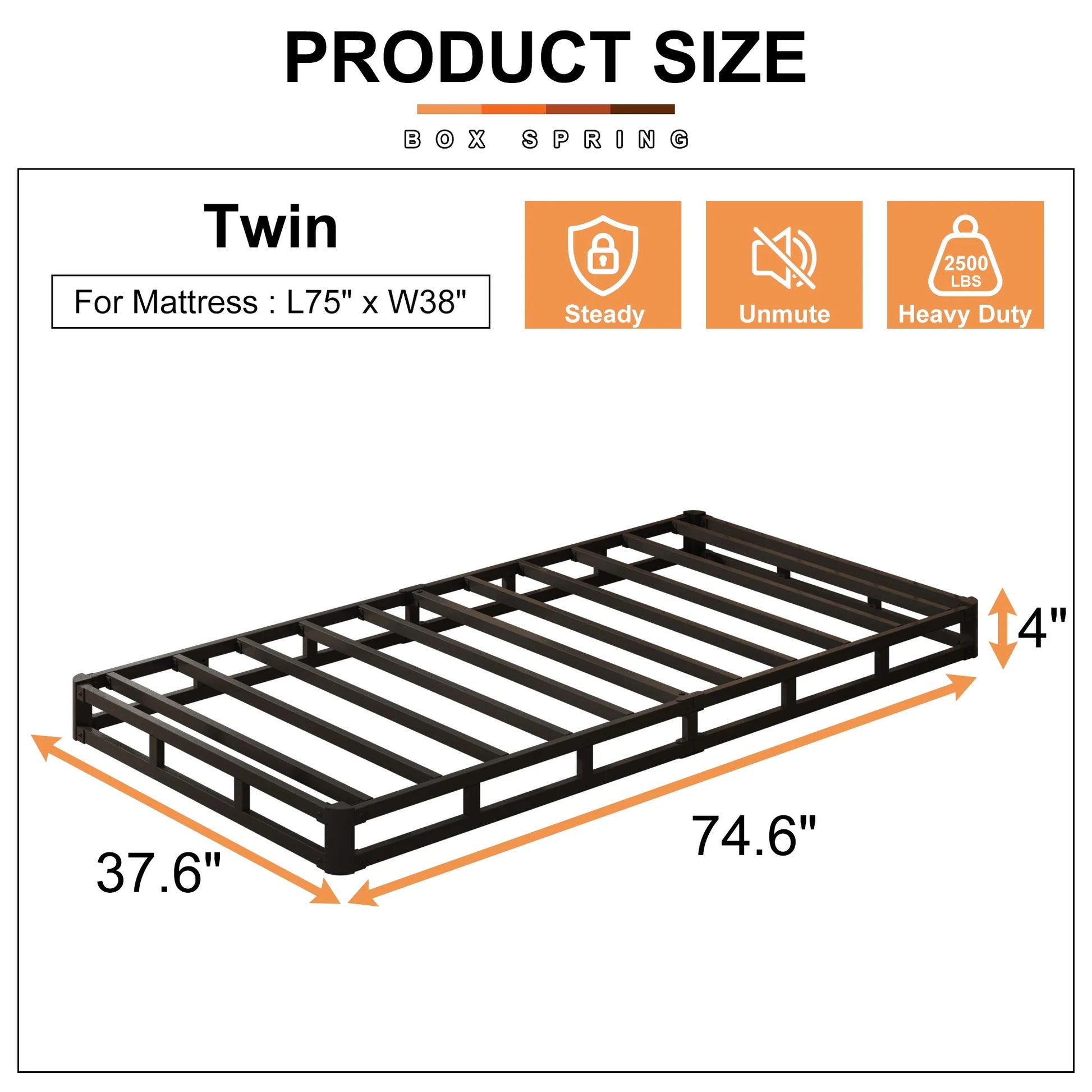 4 Inch Twin Box Spring Heavy Duty Metal Mattress Foundation Bed Base with Fabric Cover, Easy Assembly