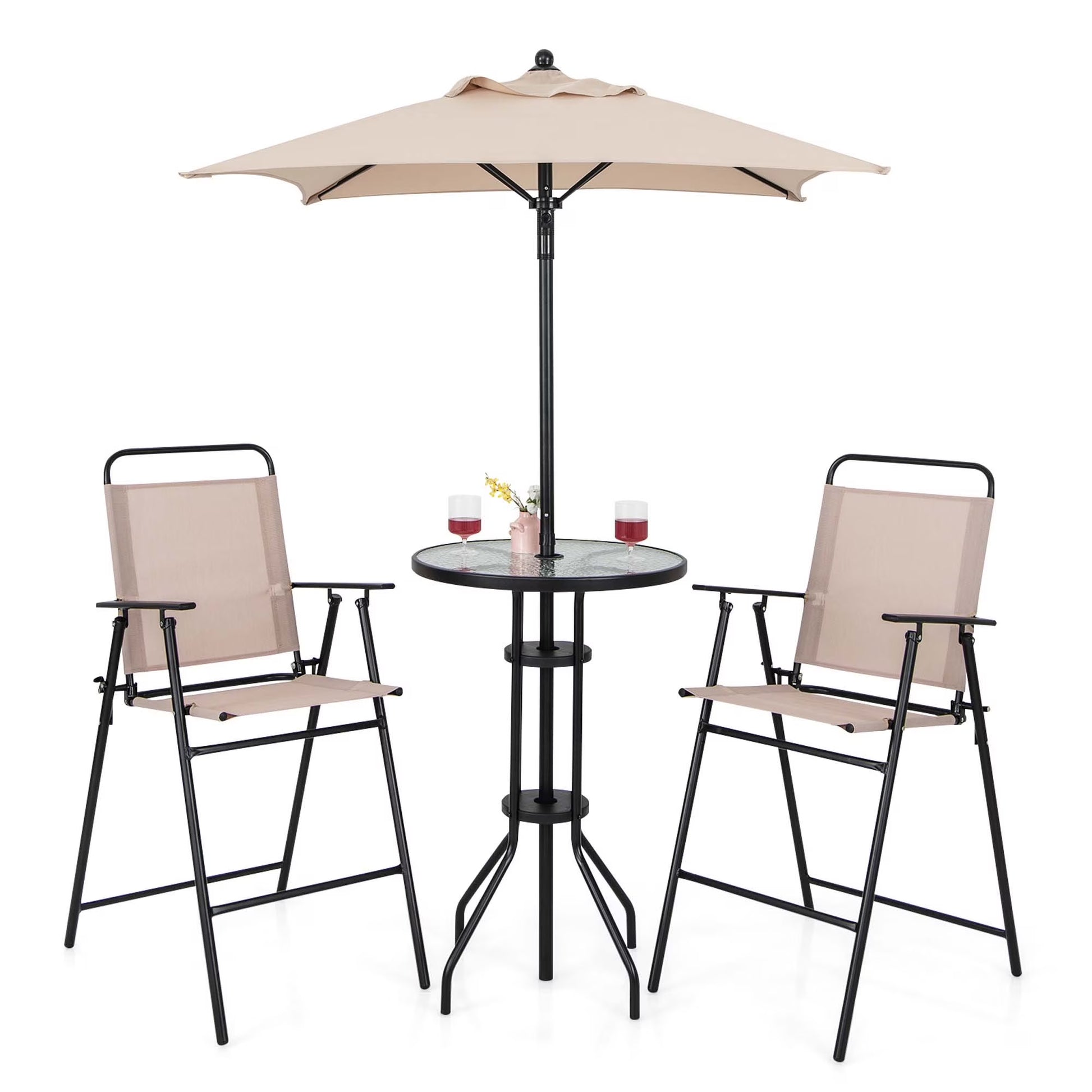 4PCS Patio Bistro Set Folding Counter Height Chairs round Bar Table& Umbrella
