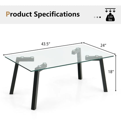 Tempered Glass Coffee Table Modern Center Table with Metal Frame for Living Room