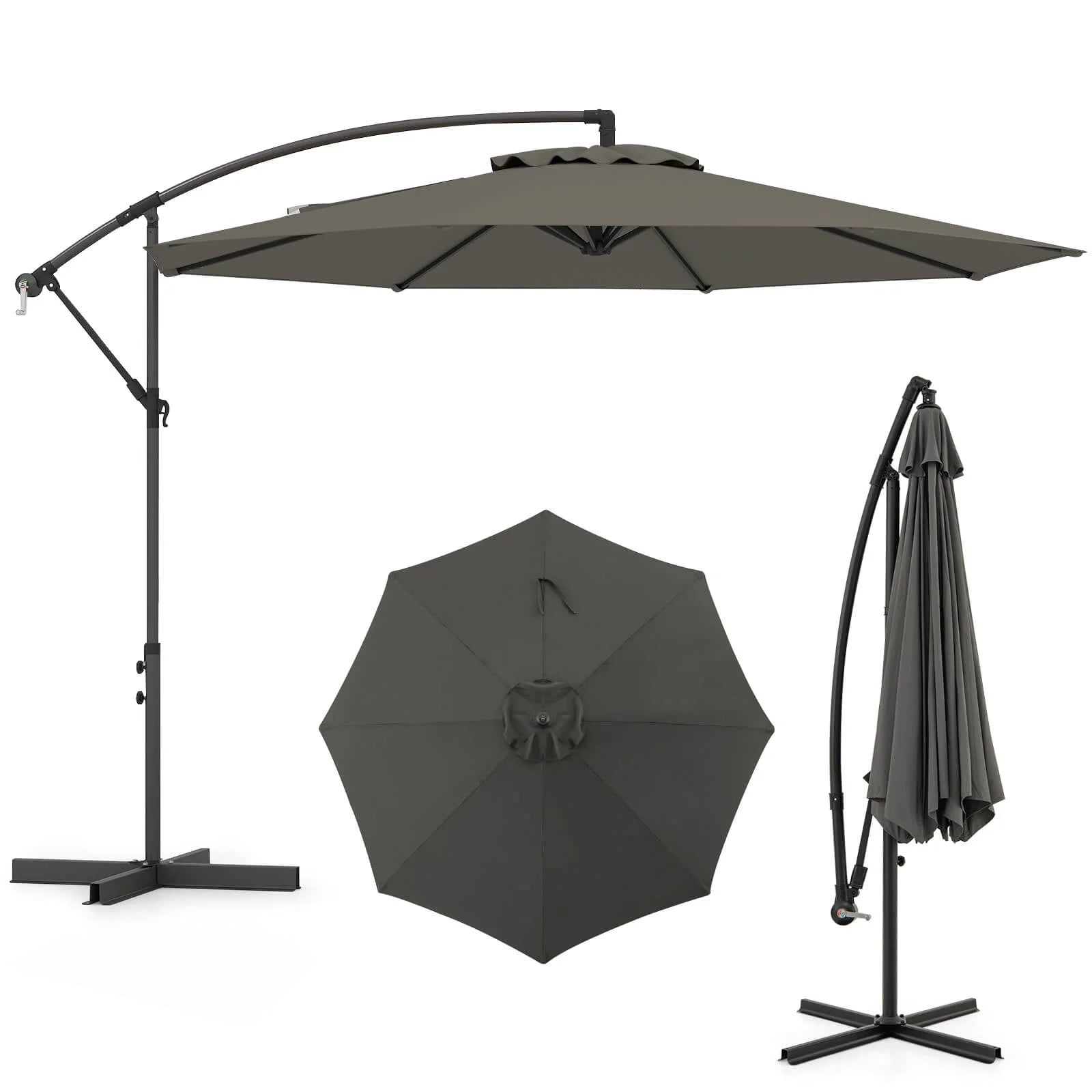 10 FT Patio Offset Umbrella W/8 Ribs Cross Base Tilt Grey