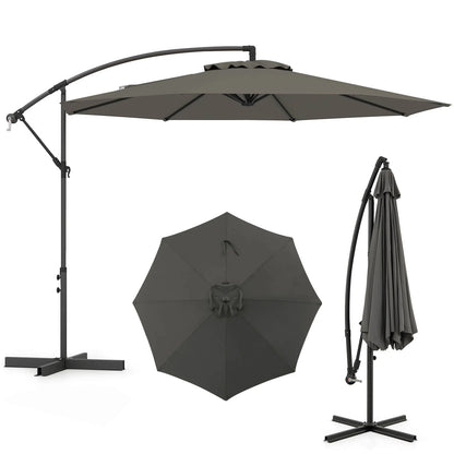 10 FT Patio Offset Umbrella W/8 Ribs Cross Base Tilt Grey