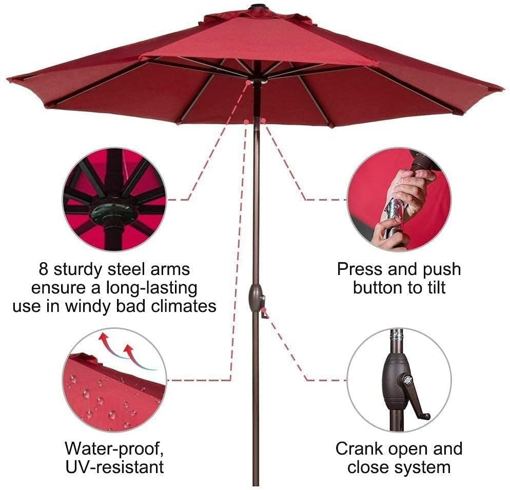 9 FT Enhanced Aluminum Patio Umbrella, UV Protected Outdoor Umbrella with Auto Crank and Push Button Tilt, Red