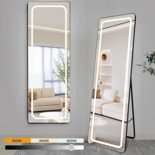 63" X 20" LED Full Length Mirror Hollywood Vanity Mirror Dimmable LED Floor Mirrors for Leaning Wall Mounted Water Proof Mirror for Bathroom Dressing, Anti-Fog Black