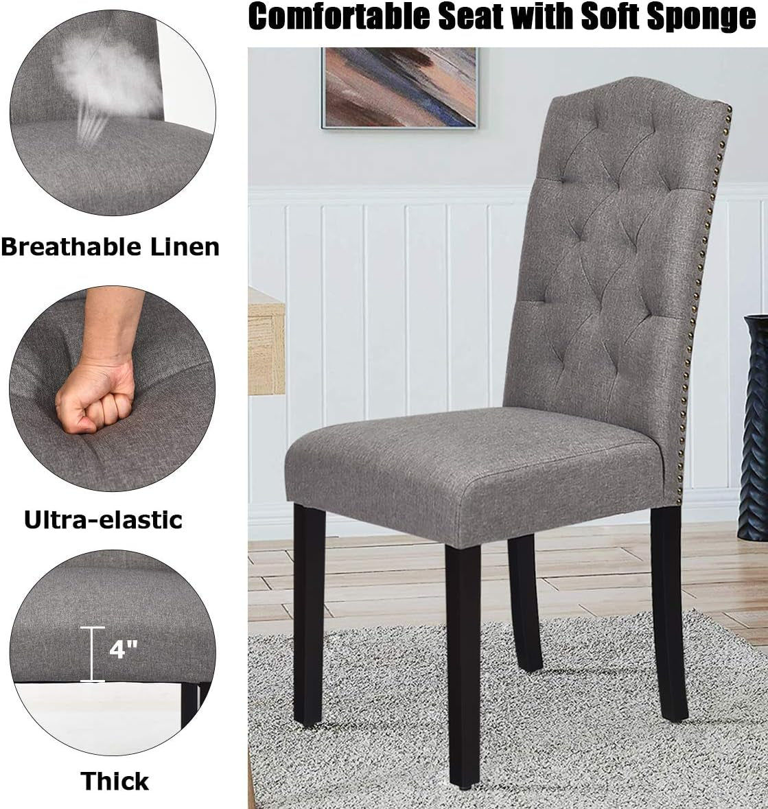 Dining Chairs Set of 2, Tufted Fabric Dining Room Chairs with Nailed Head, Parsons Chairs with Padded Seat, Tall Backrest, Modern Upholstered Armless Dining Chairs for Kitchen, Dining Room