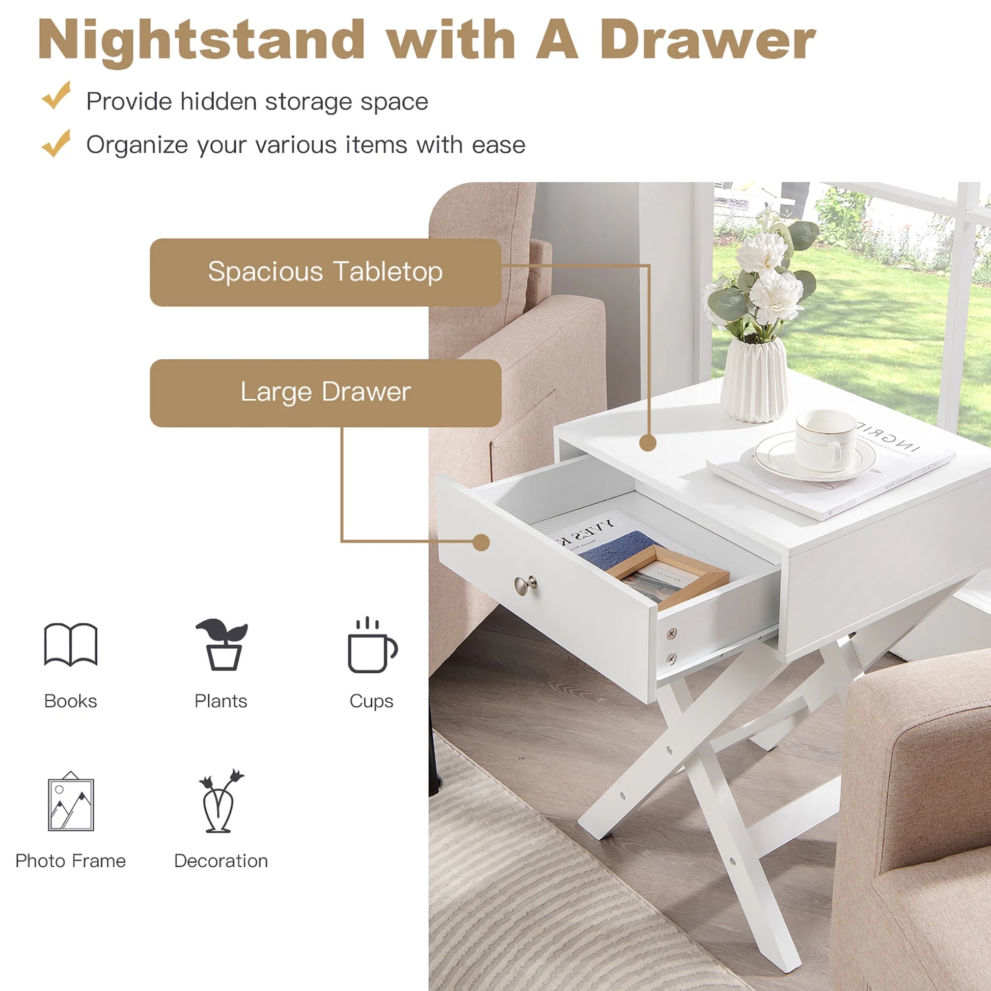 Side Nightstand with Drawer X Shaped Structure Accent Sofa End Table White