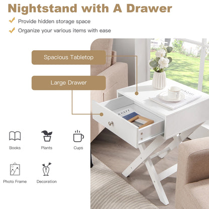Side Nightstand with Drawer X Shaped Structure Accent Sofa End Table White