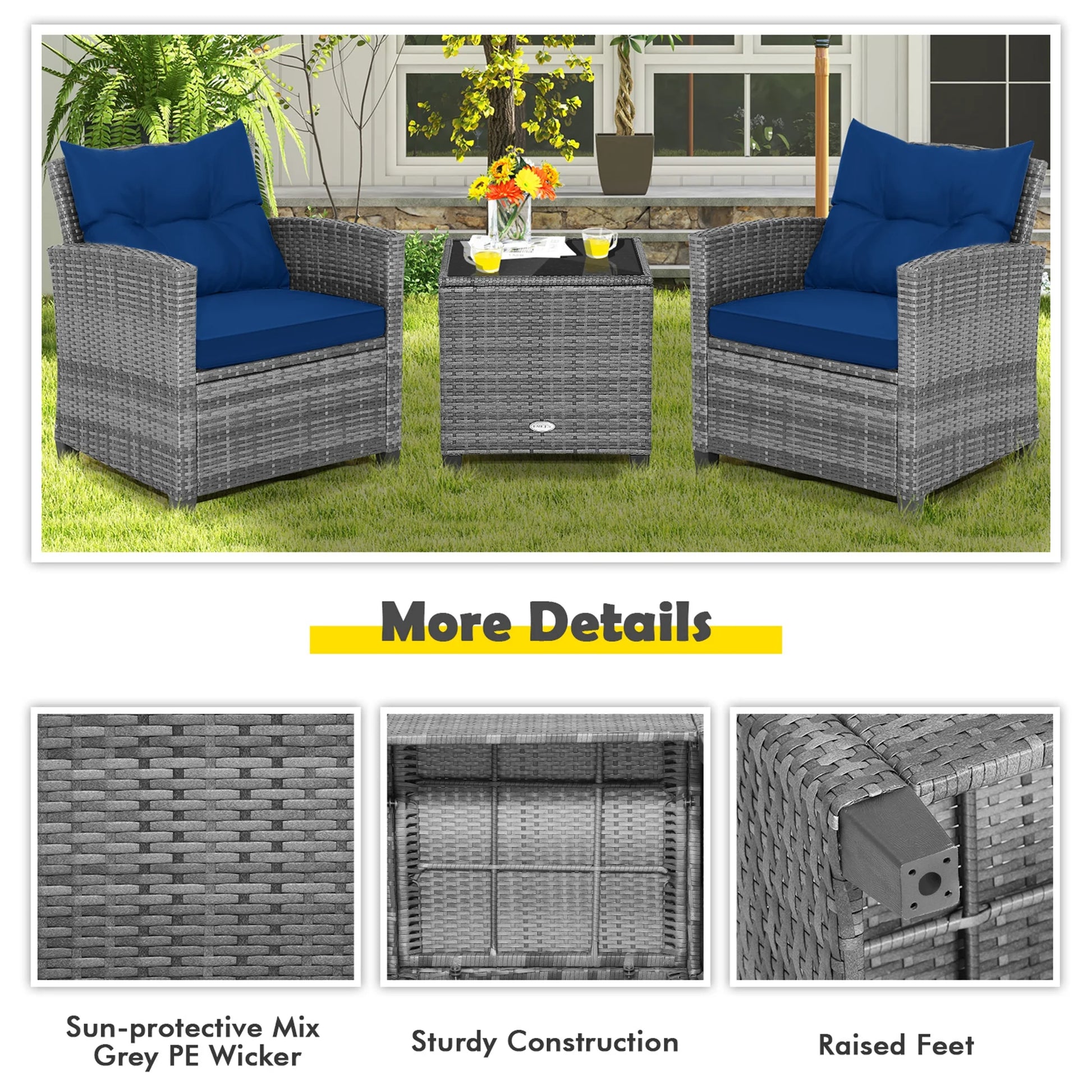 3PCS Patio Rattan Furniture Bistro Set Cushioned Sofas Side Table Armrest Navy