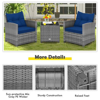 3PCS Patio Rattan Furniture Bistro Set Cushioned Sofas Side Table Armrest Navy