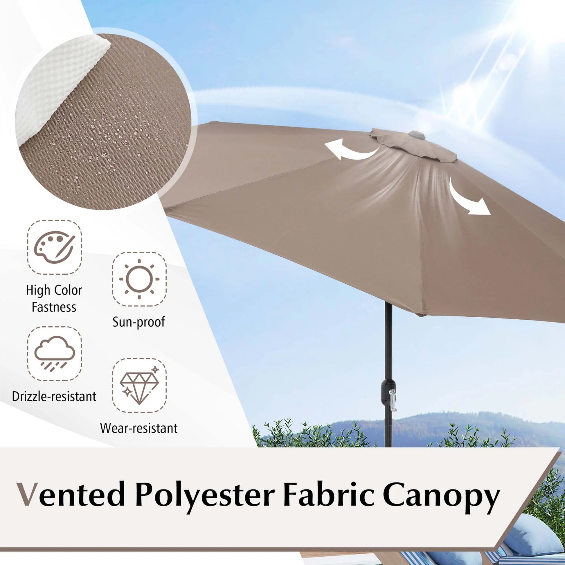 Outdoor Heavy Duty Market Umbrella with Tilt Mechanism Crank Handle 8 Sturdy Ribs Tan